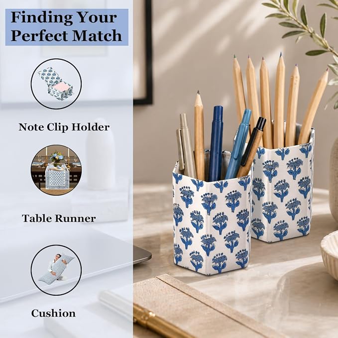 CPC Apatite Blue Block Print Cotton Pen Holder Set of 2 | Boho Makeup Brush Holder Floral Pencil Cup Girls Kids Durable Stand Desk Organizer Storage Floral Office Supplies, Classroom