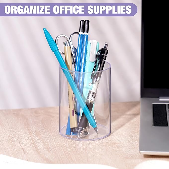 Clear Acrylic Desk Organizer Set - 9 Pack Pen Pencil Holder | Stylish Round Makeup Brush and Stationery Storage Container, Ideal for Home, School and Office Supplies