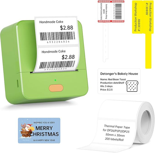 P1 Label Maker, 2 Inch Thermal Printer, Label Maker Waterproof Labels, Label Printer for Small Business, Home, Office, Logo, Address, Clothing, Organizing with 1 Roll Label, Green
