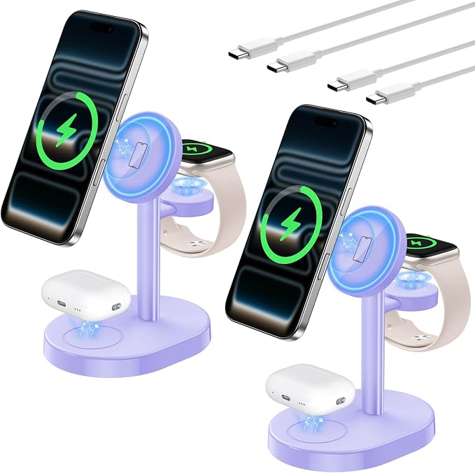 2026 3 in 1 Wireless Charging Station for Apple MagSafe Charger, 15W Fast Magnetic Mag-Safe Charger Stand for iPhone 17 16 15 14 13 12 Watch AirPods, 2 Pack(Adaptor Not Included)