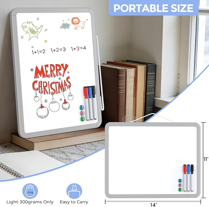 MaxGear Small Dry Erase Board for Wall, 14"x 11" Hanging Double-Sided Whiteboard with 3 Dry Erase Markers, 3 Magnets, Portable White Board for Planning, Drawing, Memo, to Do List, Grey Frame
