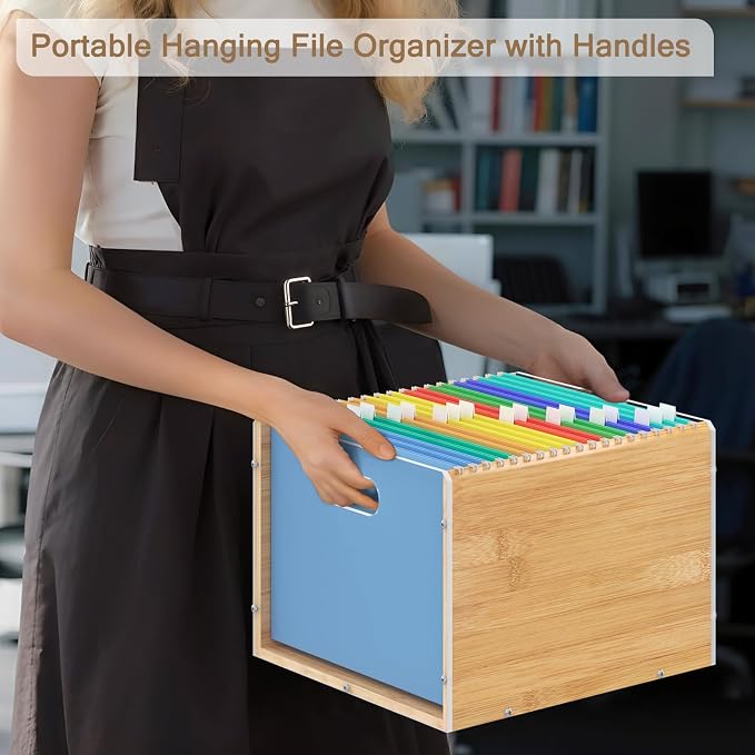 Sbanmao Hanging File Organizer, Clear Acrylic File Box Organizer, Bamboo Filing Box File Crate Organizer Storage Boxes, Portable Filing Folder with Handle for Letter Size