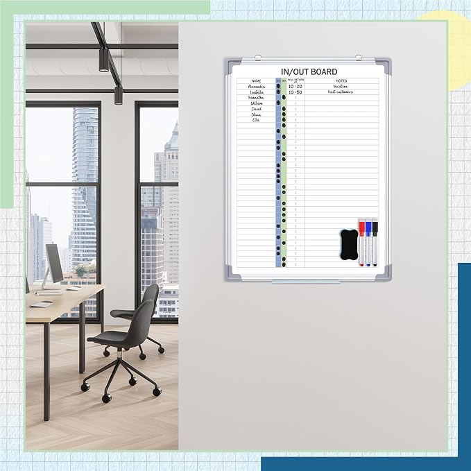 in and Out Magnetic Dry-Erase Board 24" x 18" Aluminum Framed White Board with Lines 33 Names with Magnetic Dry-Erase Marker, Eraser, and 35 Magnets Wall-Mounted for Office Employee