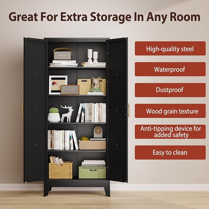 PAOFIN 71" H Tall Kitchen Storage Cabinet with Doors | Freestanding Pantry Cabinet,Farmhouse Food Storage Cabinets,Tall Cabinets for Kitchen, Dining Room, Living Room(Black)