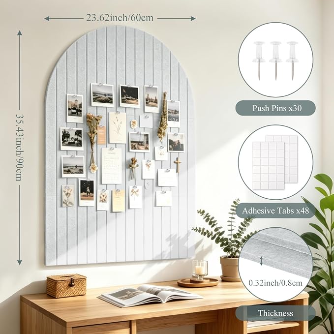 Large Arched Felt Bulletin Board, 35''x24''-6 Pack Cork Board with 30 Pushpins & 48 Residue-Free Adhesive Tabs, Decorative Photo Picture Board for Home Office School Wall