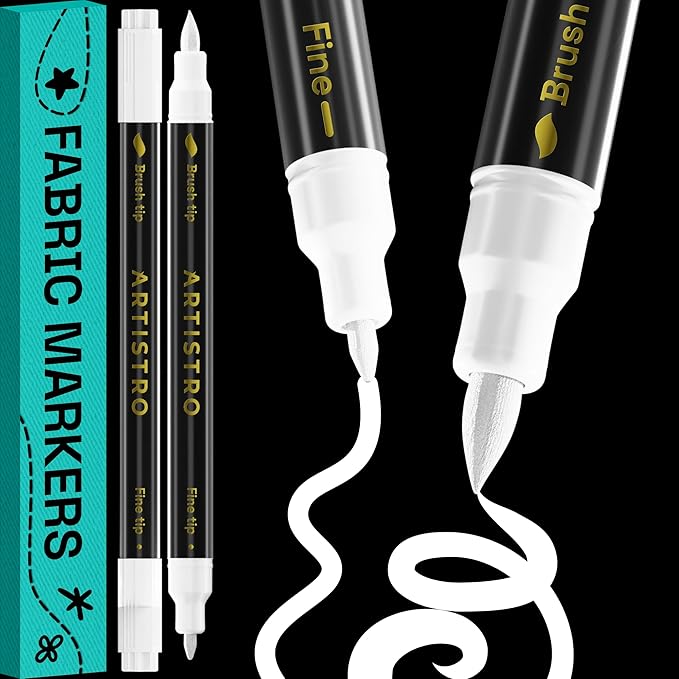 ARTISTRO 2 White Dual-Tip Fabric Markers - Fabric Decorating Kit - Permanent for Clothes - Acrylic Paint Pens for Sneakers, Bags, Shoes, Textile, Canvas, Sewing, Craft, DIY - Brush and Fine Tip