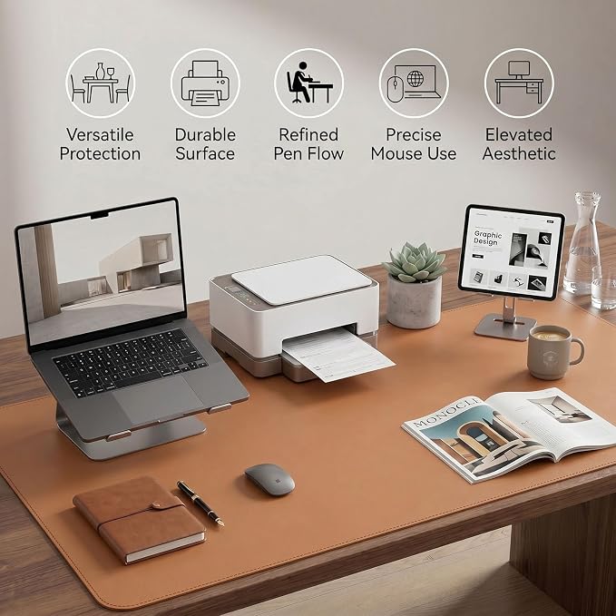 Large Desk Pad Non-Slip Desk Mat Protector for Keyboard Mouse Waterproof Vegan Leather Surface Faux Leather Laptop Mat Smooth Mouse Pad Premium Gift Tube Caramel Brown 47" x 23"