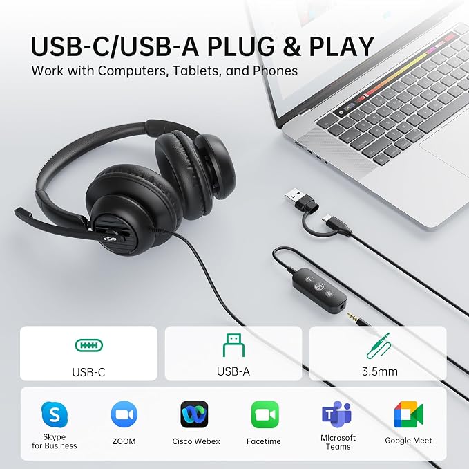 EKSA H8 USB Headset with Microphone for Work, Stereo Wired Computer Headphones with Mic Noise Cancelling, in Line Controls, 3.5mm Jack USB-C/A Over-Ear Headset for PC Laptop Office Call Center Teams