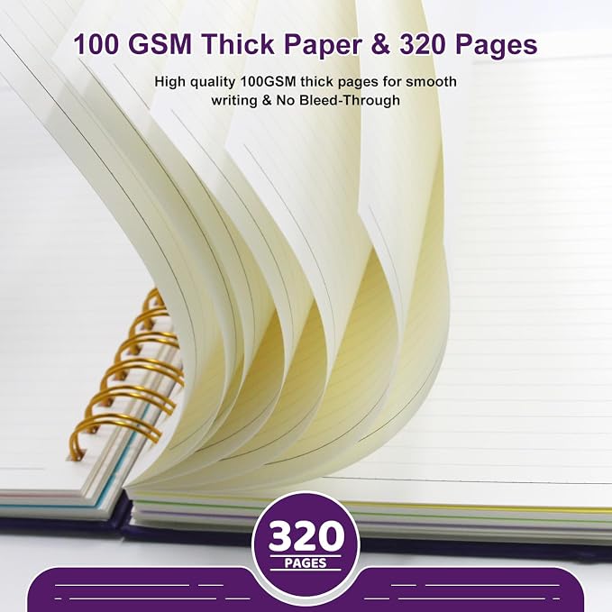 Hardcover Spiral Notebook Journal with Removable Dividers Tabs | 320 Pages, 5 Subject Notebooks College Ruled, 8.5"x11" Large A4 Leather for Work & School, Lined Journal for Women