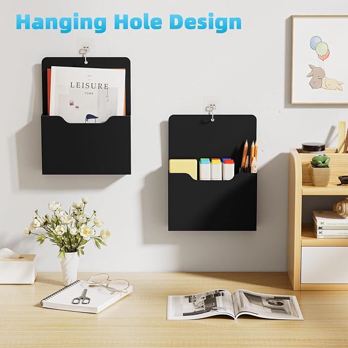 Marbrasse Magnetic File Holder - Magnetic Paper Holder, Pocket Organizer Office Supplies Storage Mail Organizer for Notebooks,Planners,Letter (Black)