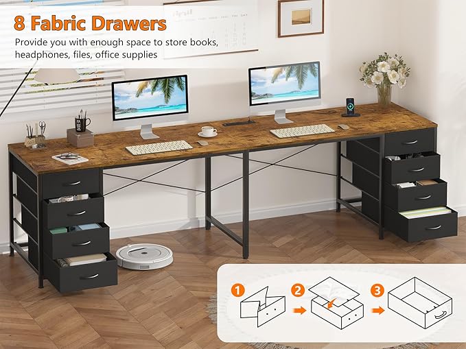 95" 2 Person Desk with 8 Fabric Drawers for Home Office, Living Room | Long Computer Desk Office Desks with Storage, Two Person Double Desks with Power Outlets, Rustic Brown