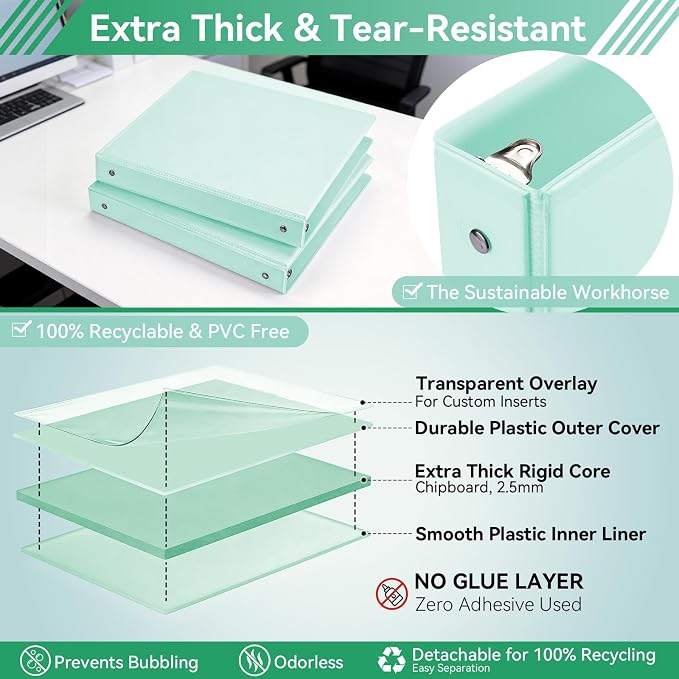SUIN 1 Inch 3 Ring Binder, Clear 1'' View Presentation Binders with 2 Pockets, Fits 8.5 x 11 Letter Size, Durable Polypropylene, Non-Stick & PVC-Free for School, Office & Home (Pastel Green)