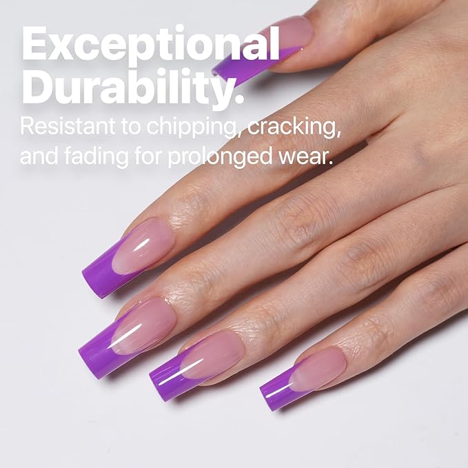 SXC Cosmetics French Tip Press On Nails 150 Pieces in 15 Sizes Ultra Fit with Pre-applied Tip Primer and Base Coat, No Need to File Fake Nails for Nail Art DIY X-Pro Tips (5PURPLE117-M Square)
