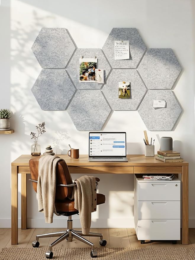 8-Pack Hexagon Felt Bulletin Board Tiles, Cork Board Alternative | For students and teachers creating vision boards in homes, offices, dorms or classrooms; includes 30 push pins.