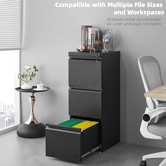 Approgreent Vertical 3 Drawer File Cabient with Lock, Metal Filing Cabinets for Home Office, Heavty Duty Office Storage Cabinet for A4/Letter/Legal (Matte Black)