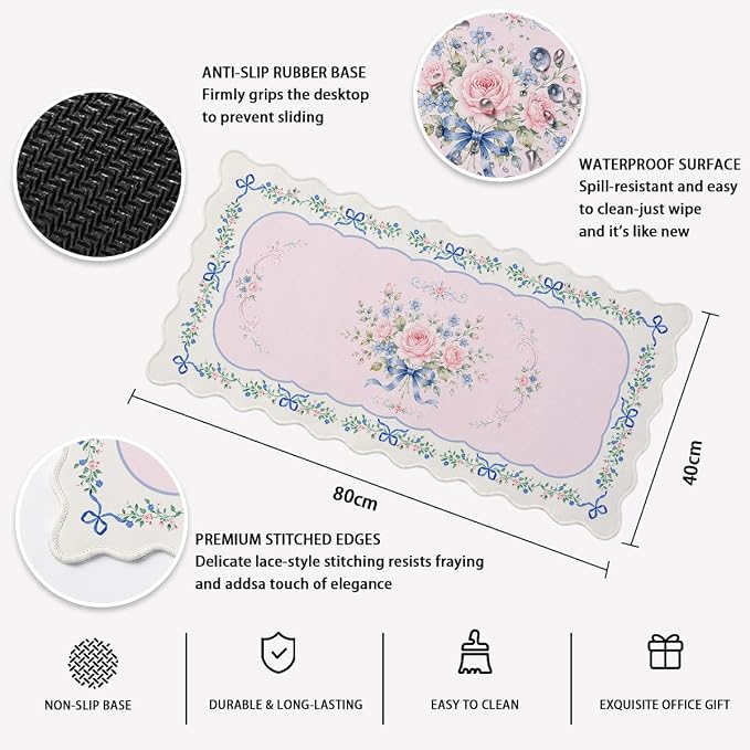 Shabby Chic Scalloped Desk Mat Pastel Blue Bow Pink Rose Floral Extended Gaming Mouse Pad Mat with Stitched Edge Non-Slip Base Big Mouse Pad Office Computer Keyboard Laptop Home 31.5"x15.7"