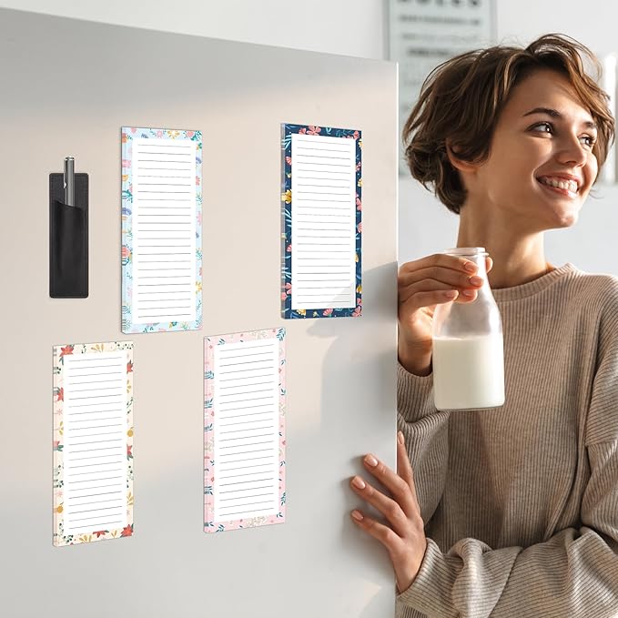 4 Pack Magnetic Note Pad for Fridge with Pen Holder, Totally 200 Sheets Magnetic To Do List, Shopping List, Grocery List, Memo Pads for Refrigerator（Floral Design）