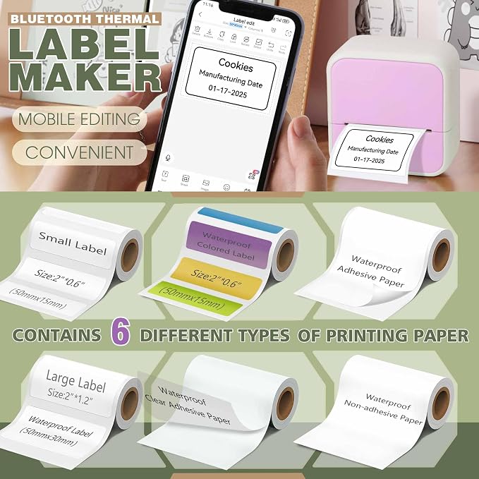 Label Maker Machine with 6 Tapes, Thermal Label Maker, Portable Mini Bluetooth Label Printer with Clear Tape for Home, Kitchen, School, Office Organization Pink