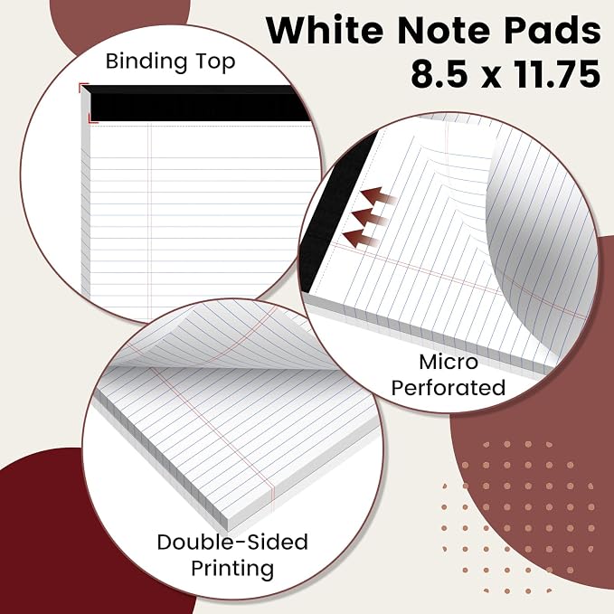12 Pack Legal Pads 8.5 x 11 College Ruled Notepads, White Legal Note Pads | 8.5 x 11 Lined Paper College Ruled White Notepads 30 Sheets Per White Writing Pad for Work Study Daily Note Taking List