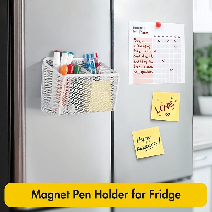 BEYGORM Magnetic Dry Erase Marker Holder for Whiteboard, Locker Organizer | Mesh Non-slip Pen & Pencil Holder for Refrigerator, Basket for Classroom, School &Office (White, 1-Pack)