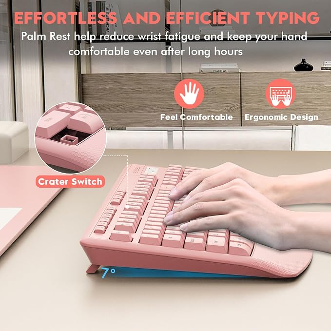 Wireless Keyboard and Mouse Combo, Full Size Ergonomic with Wrist Rest | 2.4GHz USB Receiver, 3 DPI Adjustable 6-Button Cordless Mouse for Computer, Laptop, PC, Windows