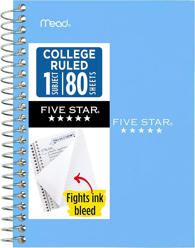 Five Star Spiral Notebook, 1 Subject, College Ruled Paper, 4-3/8" x 7", Small Size, 80 Sheets, Blue (450048CG1)