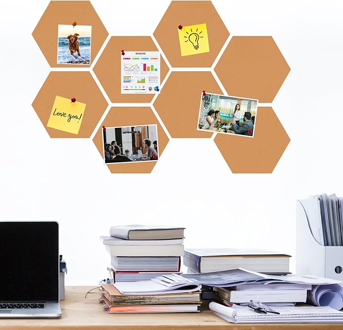 Large Hexagon Felt Cork Board Tiles, Self Adhesive DIY Felt Bulletin Board Pin Board with 35 Pushpins for Office School Home Wall Decor Stickers Memos Photos Display(Deep Camel)