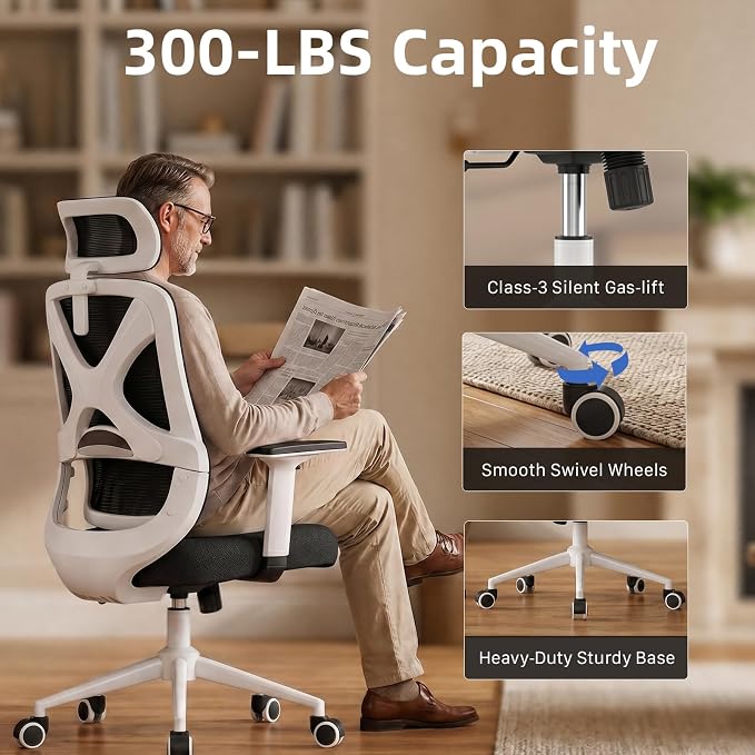 Mesh Ergonomic Office Chair with Lifting Armrests Home Office Desk Chair with Headrest and Backrest 90-150 Adjustable for Home, Office, Gaming, Student（White+Black）