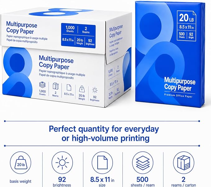 Multipurpose Copy Printer Paper, 20 lb, 8.5 x 11 Inches, 2 Reams (1,000 Sheets), 92 Bright White WD Bundle H888-8 (Packaging May Vary)