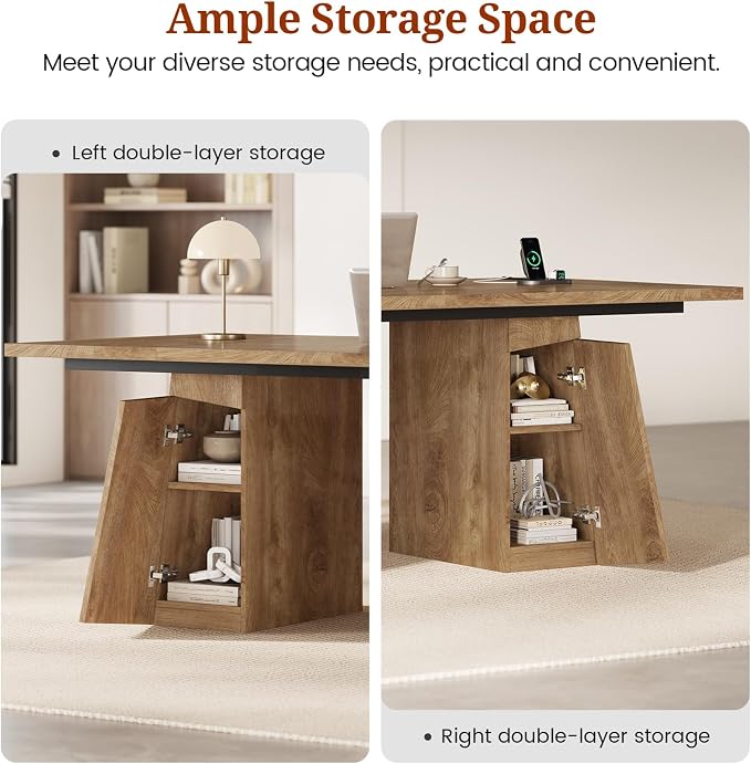 63 in Executive Desk with Power Outlets, Modern Home Office Desk with Storage Cabinet, Wood Computer Desk Business Workstation Desk Conference Table (Oak)