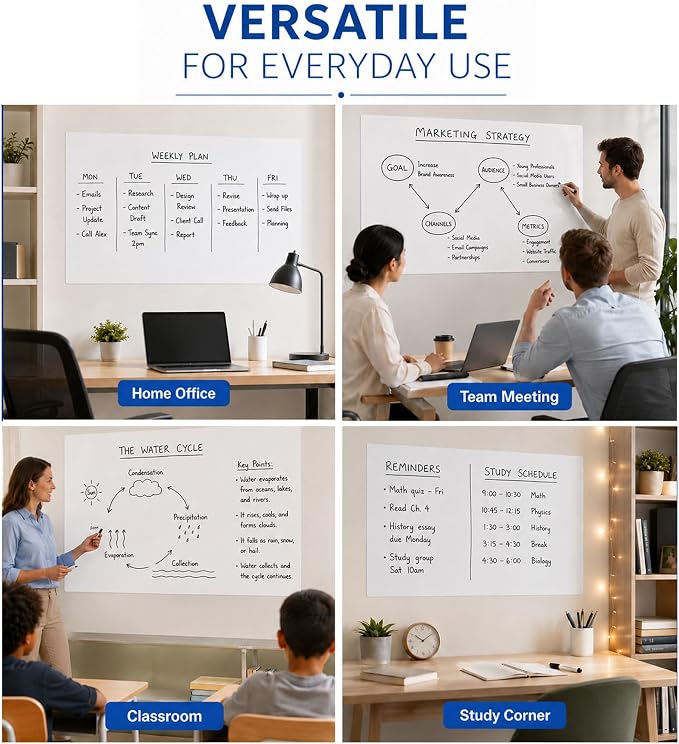 Dry Erase Paper for Wall 48" x 24", Self Adhesive White Board Wallpaper Peel and Stick, No Ghosting Whiteboard Contact Paper for Home Office Classroom