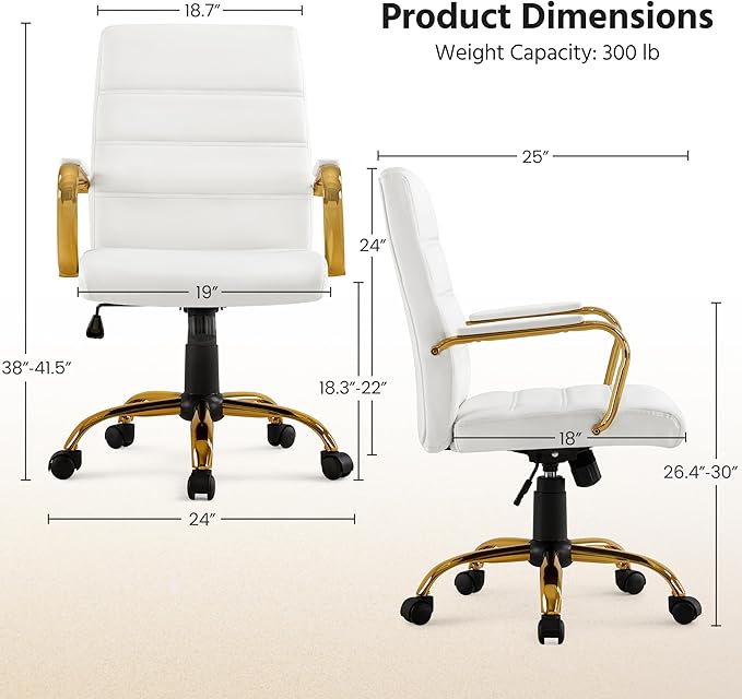 Yaheetech Mid-Back Office Chair PU Leather Desk Chair Adjustable Executive Task Chair w/Lumber Support Gold Leg White Seat