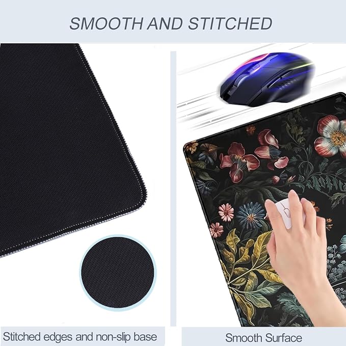 Floral Desk Mat Dark Academia Vintage Aesthetic Desk Pad Flower Plant Large Gaming Mousepad Black Extended Mouse Pad XXL Laptop Computer Mouse Keyboard Mat 31.5 x 15.7 Office Desk Decor