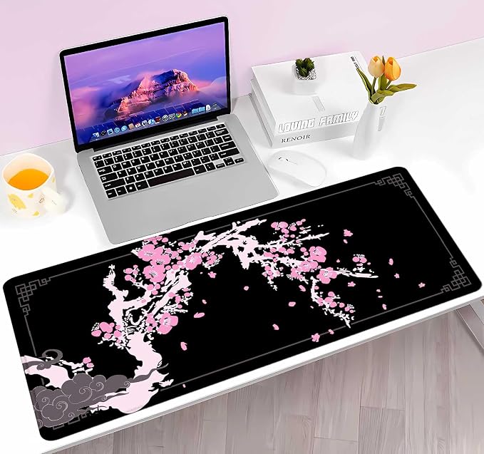 Japanese Pink Cherry Blossom Desk Pad, Black Long Mouse Pad Deskmat, Cute Desk Mat for Desktop, Women Computer Laptop Protector Writing Pads for School Office, 31.5 X 11.8 in- Sakura Flowers