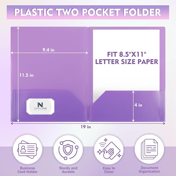 pmybupo 25Pack Purple Plastic Folders with Pockets,Durable Heavy Duty File Folders with Business Card Slot,2-Pocket Folder for Kids,Home,School,Office