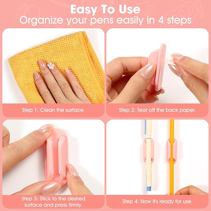 20 PCS Adhesive Pencil Holders for Desk, Silicone Pen Holder for Notebook Wall Clipboard, Durable Pencil Holder for Classroom School Office Home Teacher Student Supplies, Pink