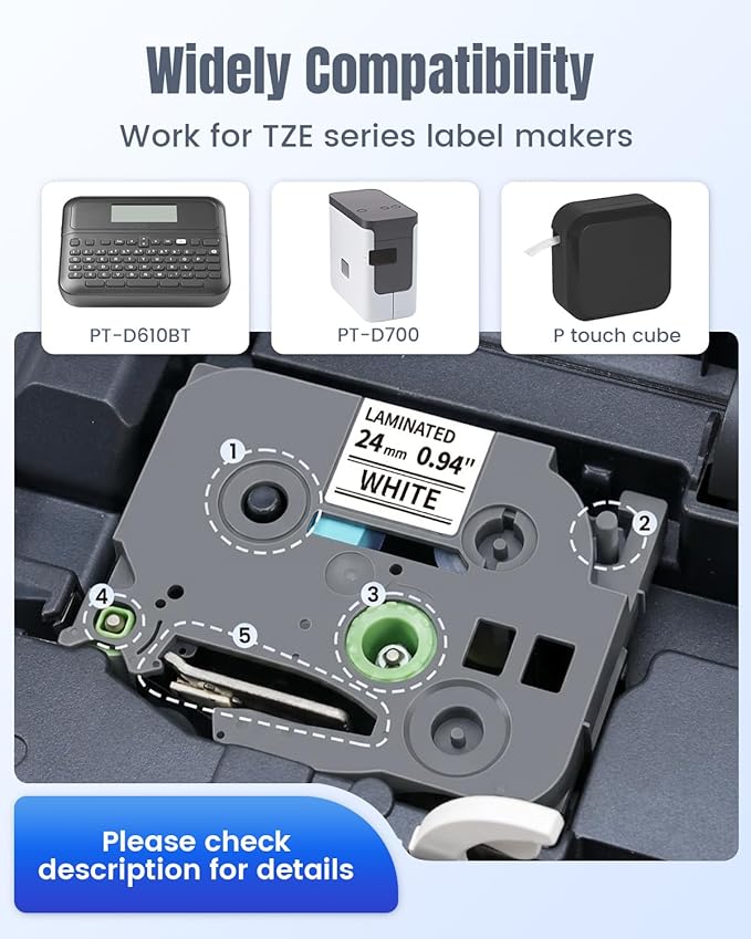 TZ Tape 24mm 0.94 Inch Laminated White TZe-251 Compatible with Brother P-Touch Label Tape 1”for PT-D610BT P710BT D600 2730 Cube Plus E560BTVP TZe Label Maker Refill, Black on White 24 mm, 4-Pack