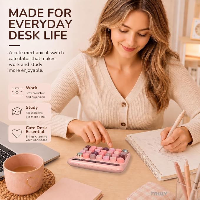 TRULY Mechanical Switch Calculator, Rose Pink Cute Retro 12-Digit Desktop Calculator with Satisfying Clicky Keys, Large Angled Display, Big Round Buttons for Office, School, Home & Gifting