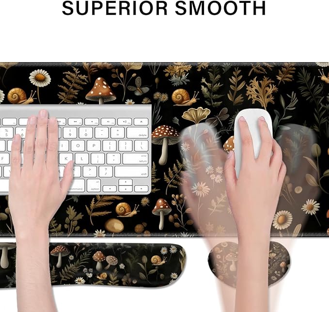 Desk Pad and Keyboard Wrist Rest, Large Mouse Pad + Keyboard Pad+Mouse Wrist Support, Non-Slip Desk Mat Protector for Office, Home 31.5×11.8 Inches Mushroom