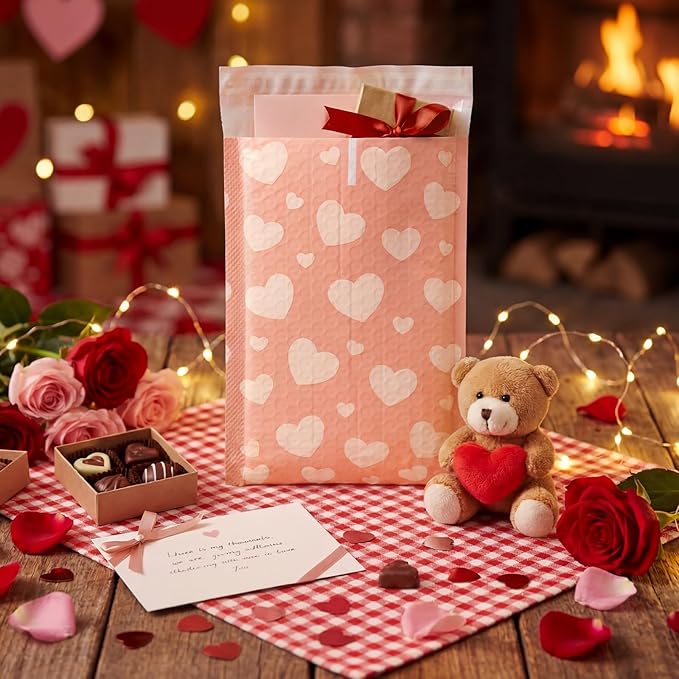 Tinlade 100 Pack Pink Bubble Mailers 6x10" Pink Heart Padded Envelopes Usable Size 6x9" Peel and Seal Waterproof Poly Mailers for Packaging, Shipping, Small Business, Boutique