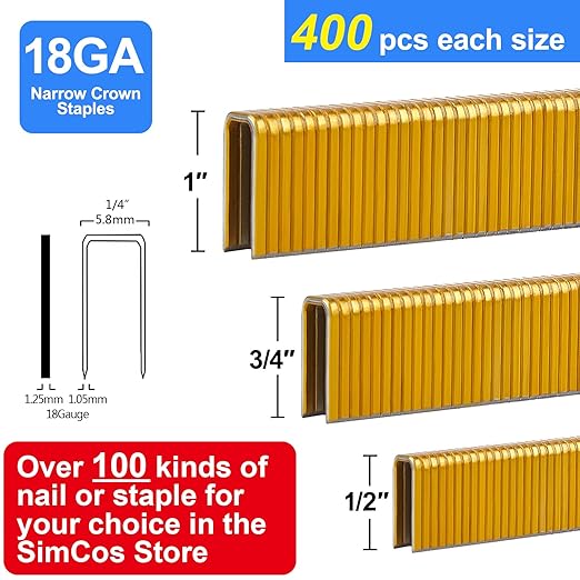18 Gauge 1/4" Narrow Crown Staples (1", 3/4", 1/2"), Assorted 1200 Counts for 18 GA Pneumatic or Electric Stapler or Staple Gun,Project Pack (Galvanized Steel)