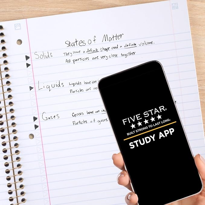 Five Star Spiral Notebook + Study App, 1 Subject, Wide Ruled, 8" x 10-1/2", 80 Sheets, Fights Ink Bleed, Water Resistant Cover, Black Stars Glow in the Dark (930020F) (Pack of 12)
