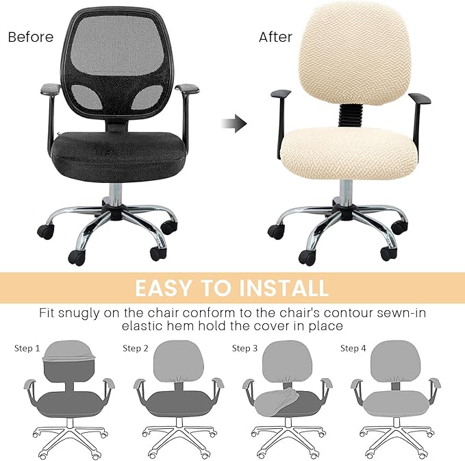 MIFXIN Computer Office Chair Cover Stretch Elastic Slipcover 2 Piece Stretchable Jacquard Computer Chair Seat Covers Furniture Protector for Office Home, NO Chair, Only Covers (Beige)