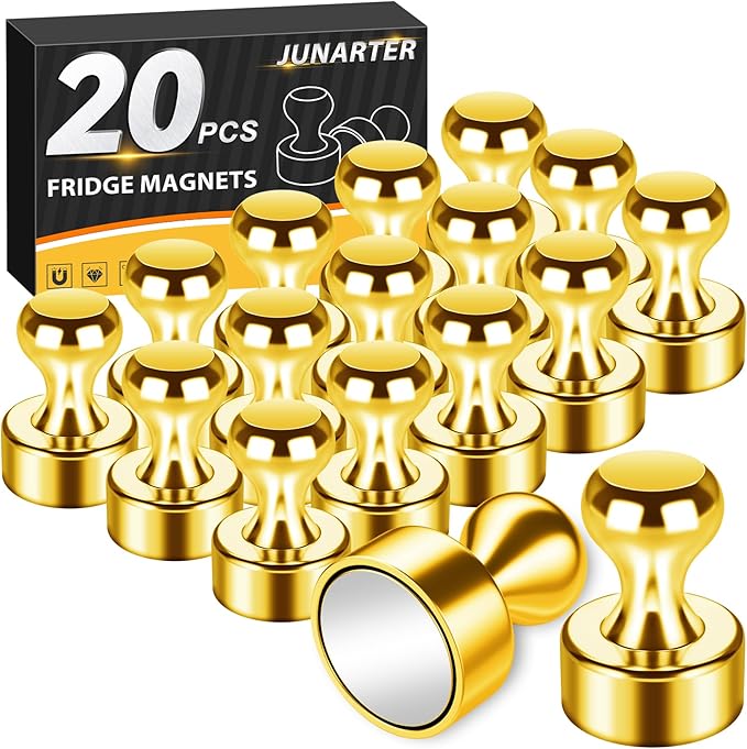 20 Pack Magnetic Push Pins, Gold Strong Fridge Magnets | Whiteboard Magnets, Refrigerator Magnets, Dry Erase Board Magnets for Fridge, Whiteboard, Office, Classroom, Kitchen, Map