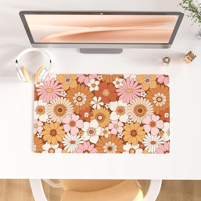 Colorful Star Large Mouse Pad, PU Leather Waterproof Desk Mat, Computer Gaming Mouse Pad, XXL Full Desk Mousepad Non Slip Desk Pad for School Office Home 23.6" x 13.8" - Retro Flowers
