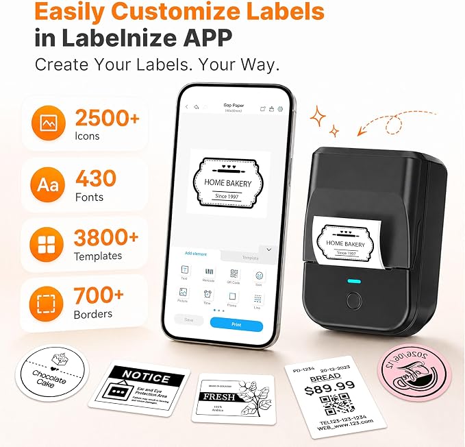 PM240 Label Maker Machine with 3 Tapes, Label Printer Black, Set 2 | 2'' Bluetooth Thermal Sticker Label Maker for Small Business, School Supplies, Classroom, Home Office with Multiple Templates