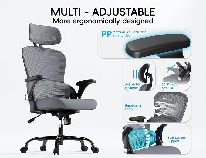 TRALT Office Chair - Ergonomic Desk Chair with Headrest Support for Adults | Home Office Desk Chair with Lumbar Support - Ergonomic Mesh Chairs 330 lb Wide Seat with Lumber Comfy Desk Chair(Black Grey)