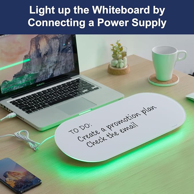 Glass Desktop Whiteboard - 17 X 7 Inches Small Dry Erase Board with Green Light, Glass White Board Surface Notepad with 1 Drawer, Desk Organizers for Office, Home, School Supplies