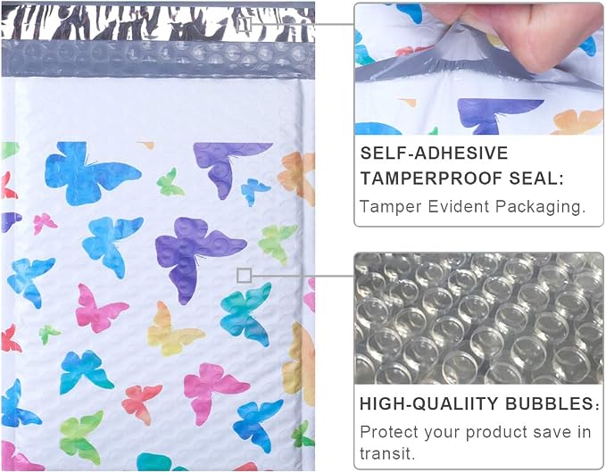 UCGOU Bubble Mailers 6x10" Usable Size 6x9" Butterfly Padded Mailer 25 Pack | Opaque Self Seal Adhesive Waterproof Padded Envelopes for Jewelry Makeup Supplies Cute Bubble Mailers for Small Business