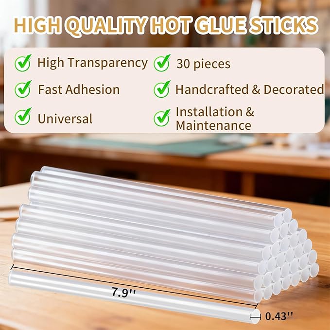 SUNFATT Full Size Hot Glue Sticks,(30 Pcs) 8" x 0.43" Glue Sticks Perfect for Hot Glue Gun,Easily Create and Bond Crafts on Wood,Plastic,Glass,Flowers,Fabrics,Foam,Jewellery.